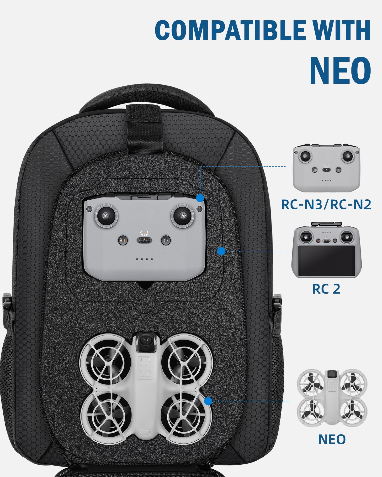 PEKREWS Zaino per Neo, Zaino Grande Capacità Per DJI Neo, RC 2/RC-N2/N3, Borsa Drone Espandibile Compatibile Con Laptop 15,6 Pollici E Fly More Combo, Custodia Rigida Idrorepellente Per Accessori