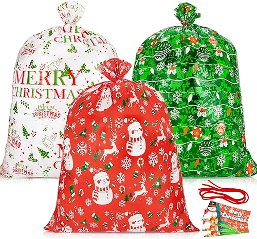 3 bolsas grandes de regalo de Navidad de 36 x 49 pulgadas, bolsas de Navidad gigantes para regalos, bolsas de regalo de plástico de Navidad grandes