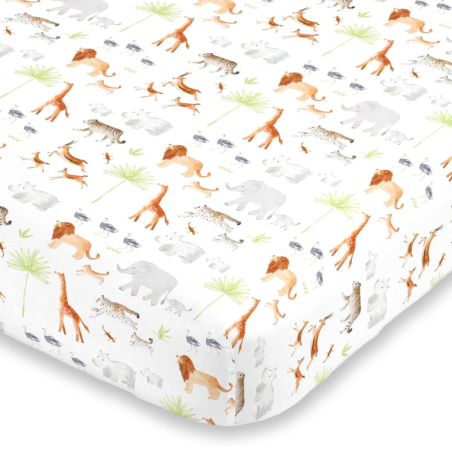 NoJo Watercolor Jungle Animals Crib Sheet - Fitted Crib Sheet - Designed in The USA - 28" X 52" X 8", Orange, Grey, Light Blue (3441003P)