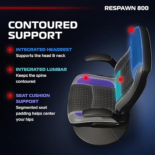 Miniatura 6 de RESPAWN Silla mecedora giratoria para juegos 800 - Asiento de juego ergonómico para piso con soporte lumbar, apoyabrazos abatible, respaldo alto,