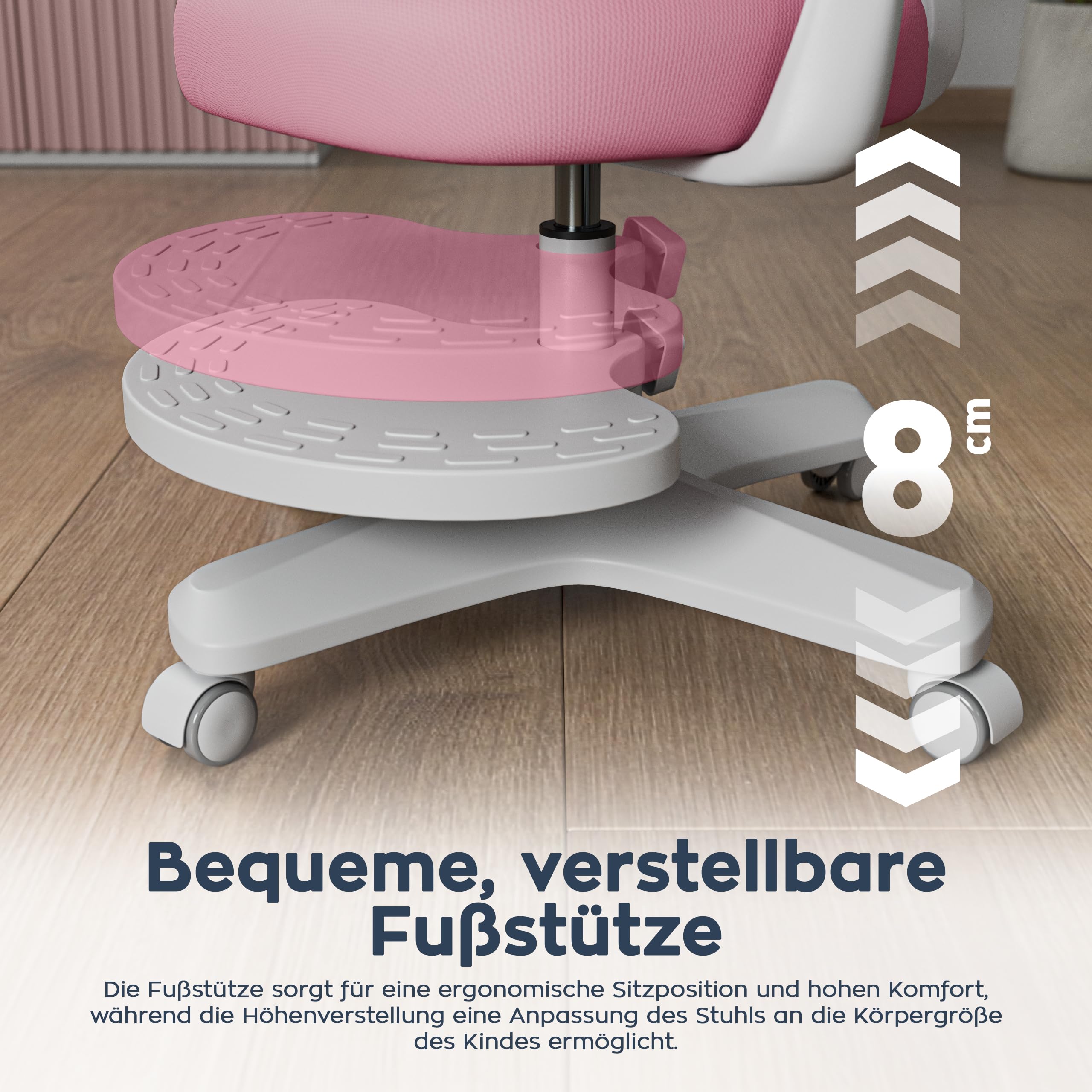MARK ADLER Schreibtischstuhl Kinder ab 6 Jahren Junior 4.6 – Ergonomischer Kinderstuhl mit Fußstütze – Drehstuhl Höhenverstellbar – Verstellbare Rückenlehne & Klappbare Armlehnen – Rosa