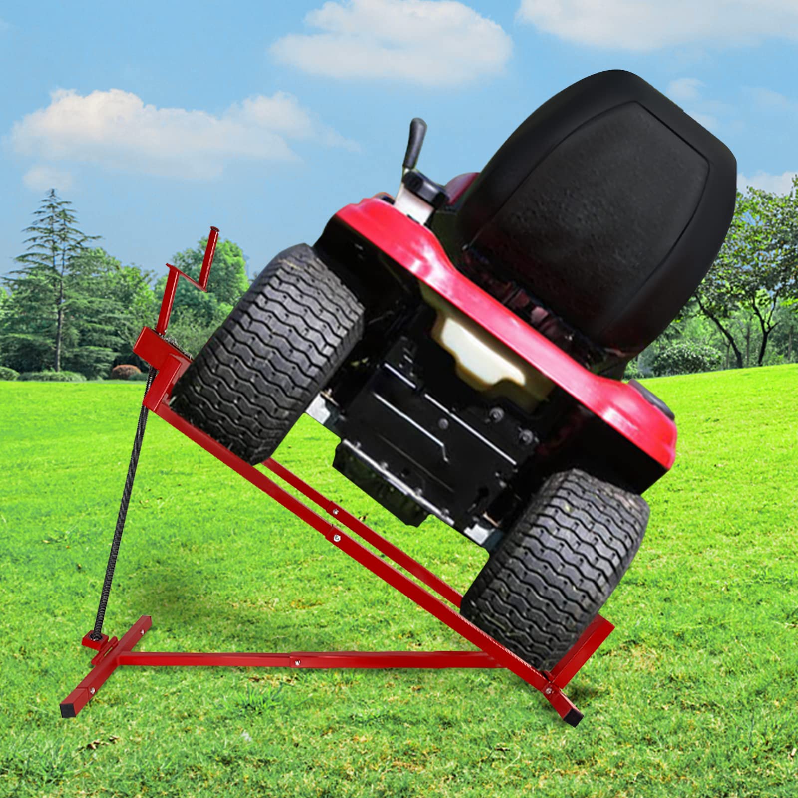 XMTECH Rasentraktorheber Hebevorrichtung Rasentraktor Rasenmäher Lifter 45° Neigung verstellbar, 400KG Hebebühne Hebevorrichtung für Aufsitzmäher Reinigungshilfe Universal, Rot