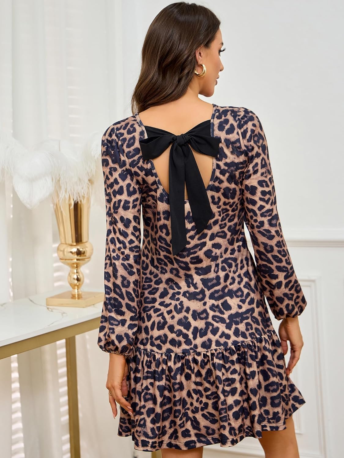 Women's Fashionable Long-Sleeved Loose-Fitting Mini Dress Crew Neck with Backless Bow Tie Flowing Ruffled Hem Dress - Image 5