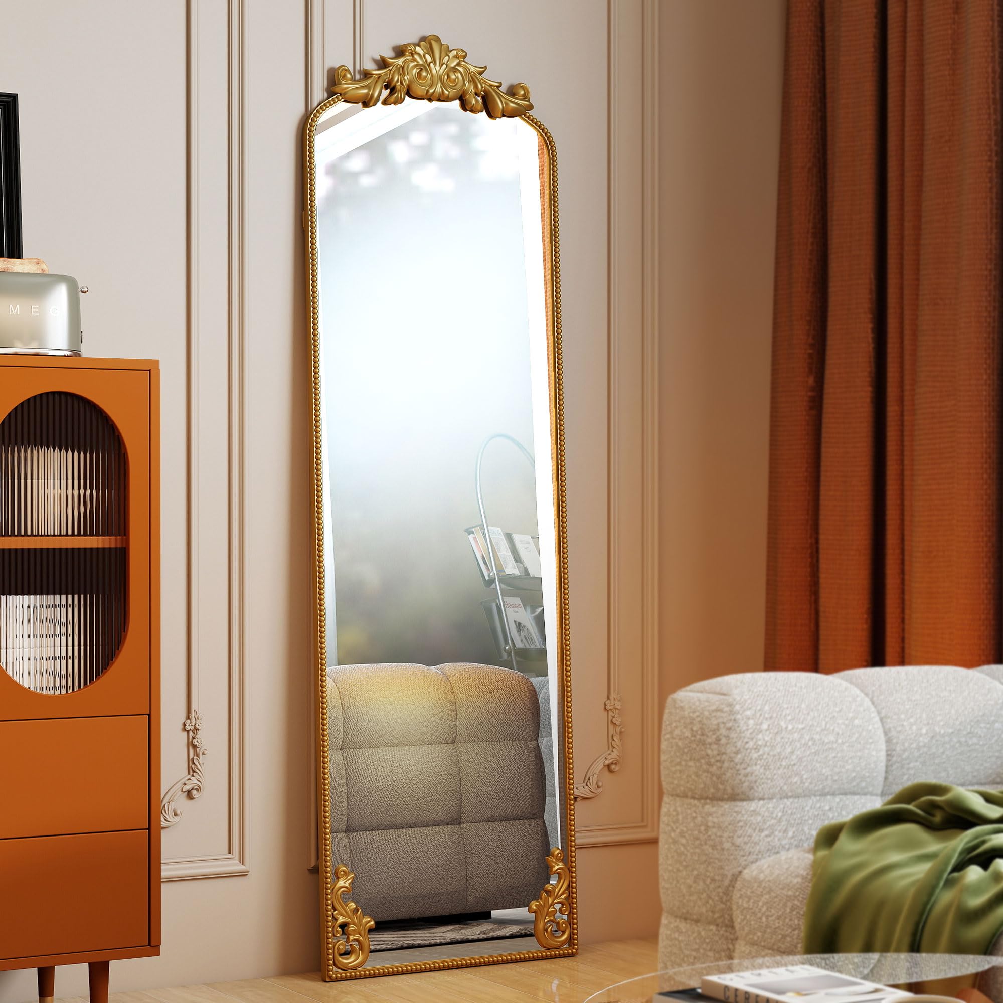 HOMCOM Specchio da Terra Stile Barocco 50x160 cm Parete Autoportante Oro | Figura Intera, Cornice in Metallo, Camera da Letto, Soggiorno, Ingresso