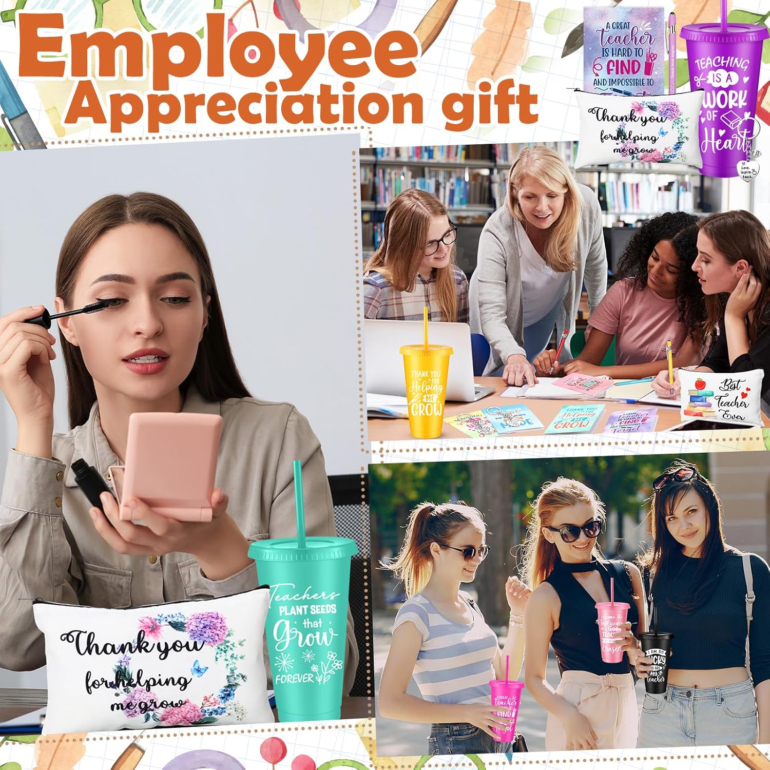 50 Pcs Teacher Appreciation Gift for Women 24 oz Thank You Plastic Tumbler with Inspirational Notepads Ballpoint Pens Makeup Bag Keychain Xmas Gifts for Principals Professors Staff - Image 6