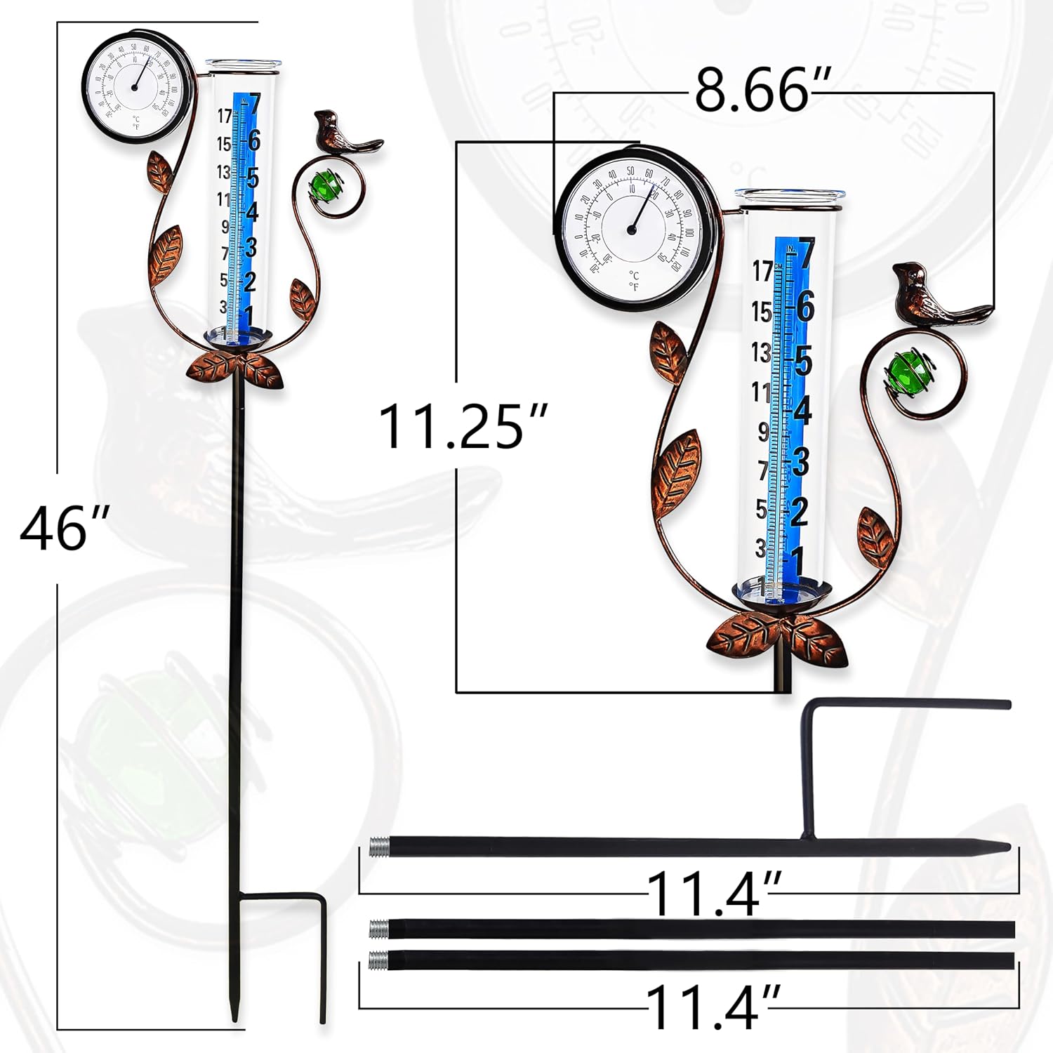 JOYBEE Bird Rain Gauge with Thermometer Garden Decor, Accurate Rain Gauges Outdoors，Rain Gauge for Yard with Stake, Decorative Rain Measure Gauge for Garden, Deck, Lawn with Large Numbers
