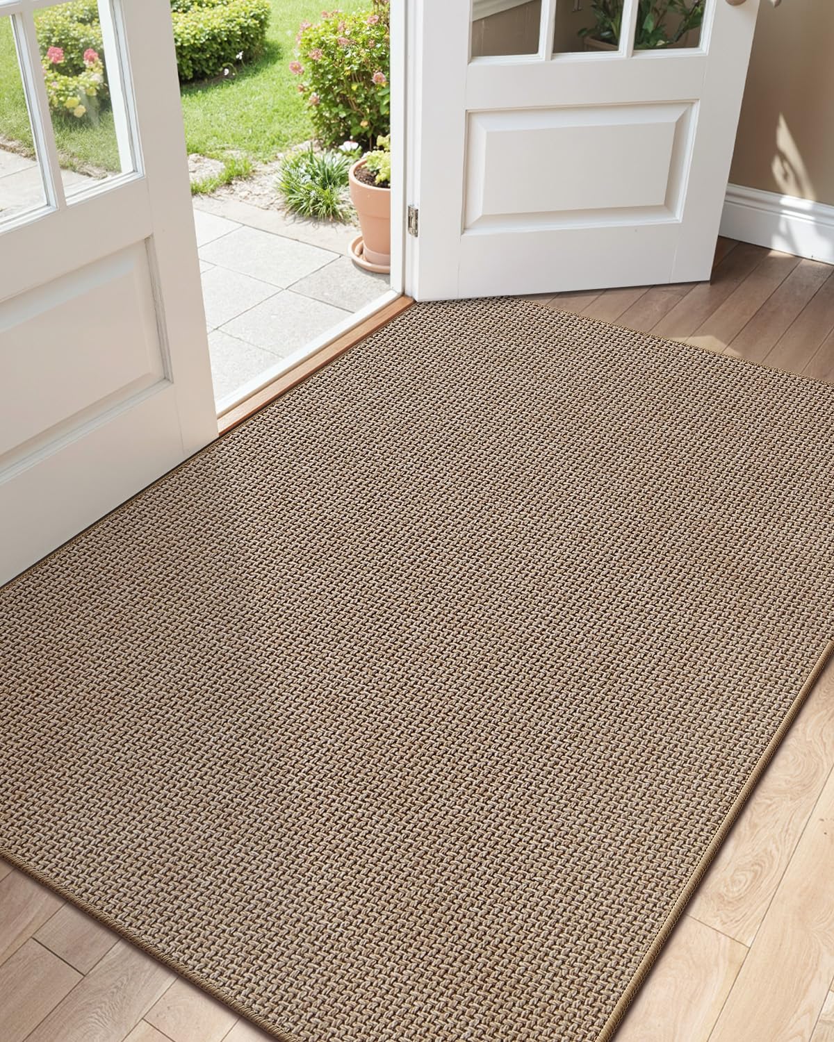 COLOR&GEOMETRY Thin Front Door Mat Indoor Entrance Non Slip Rubber Backed, 80x120cm Indoor Door Mats for Entryway, Dirt Trapper Double Doormat, Washable Front Door Rugs, Dark Beige
