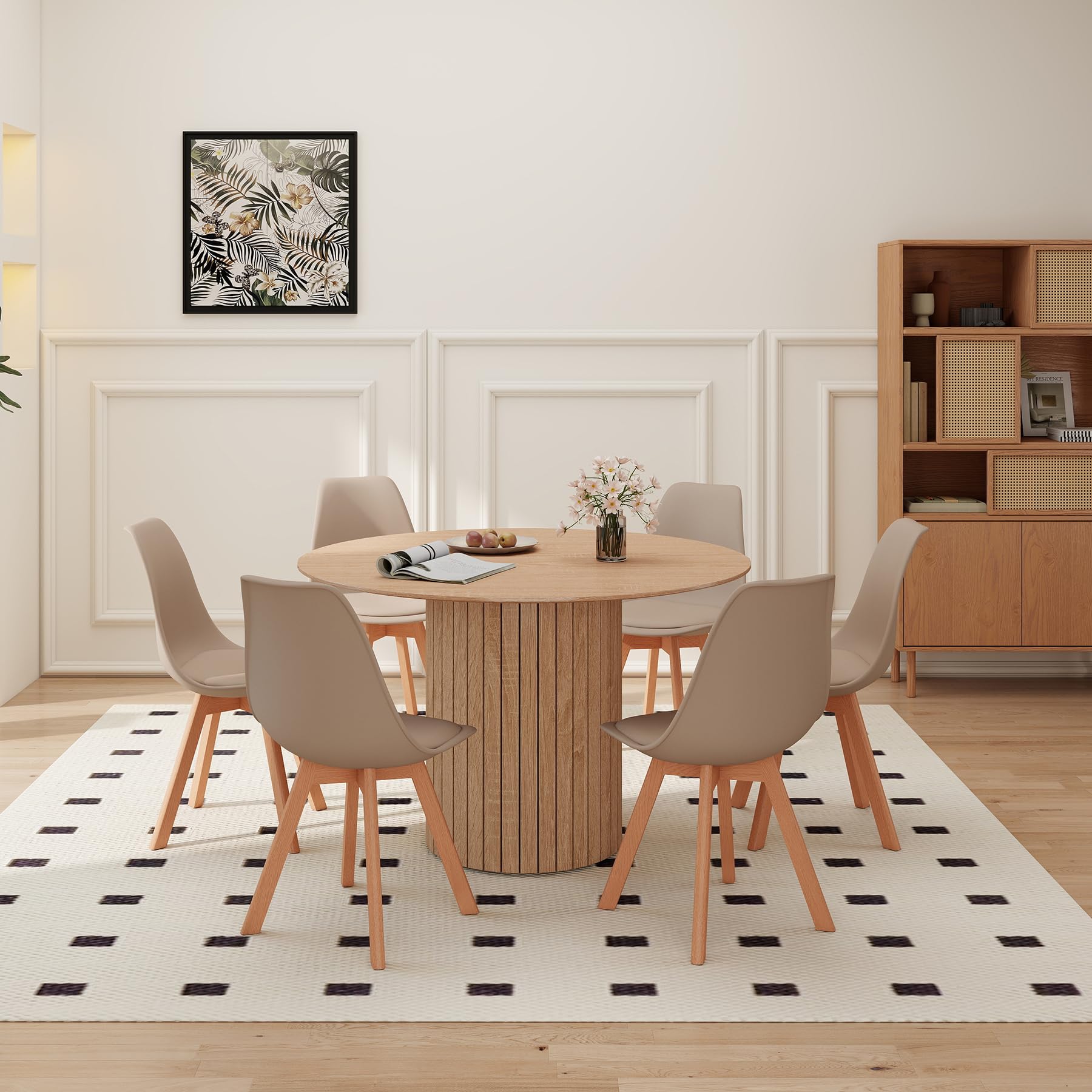 Tavolo da Pranzo Rotondo da 120 cm con 6 Sedie da Pranzo, Tavolo da cucina con Base in legno, Sedie da Cucina con Schienale in Plastica, per 4-6 Persone,Marrone Chiaro+cachi