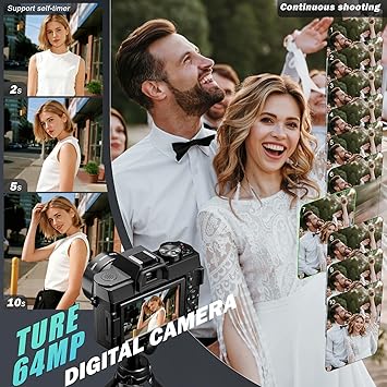 8K Digital Cameras for Photography 64MP - 16X Zoom Autofocus, WiFi, 180 Flip Screen with Wide-Angle & Macro Lens, Vlogging Camera for YouTube Travel with 64GB TF Card, 2 Batteries & Mic (Black)