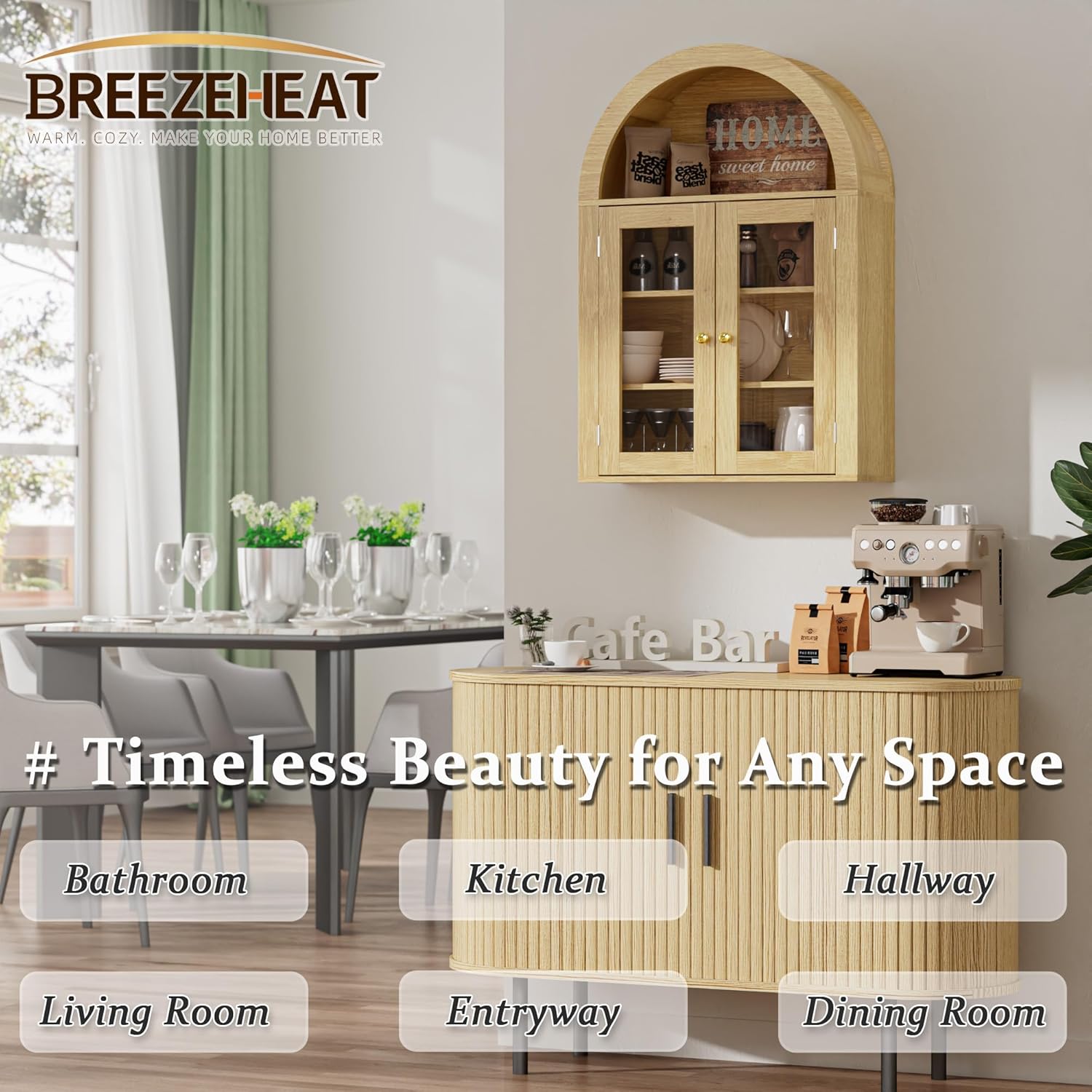 BREEZEHEAT Arched Medicine Cabinet with Glass Doors, Adjustable Shelf, Wall Mounted Bathroom Storage Cabinet Over Toilet, Natural Oak Wood Grain, 23.6''W × 31.5''H