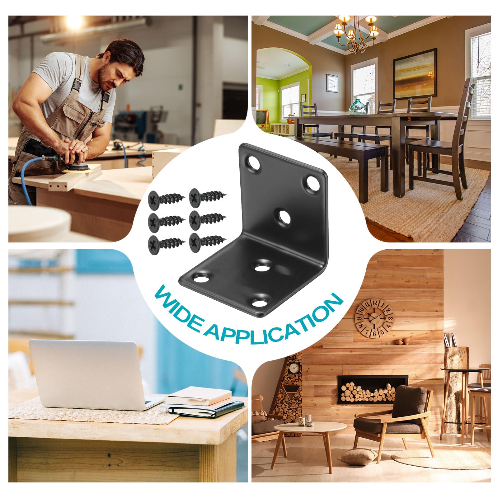 sourcing map Set da 24 staffe angolari in metallo, staffe ad angolo retto con viti per mensole in legno, nero, 4,1 x 4 x 4,1 cm