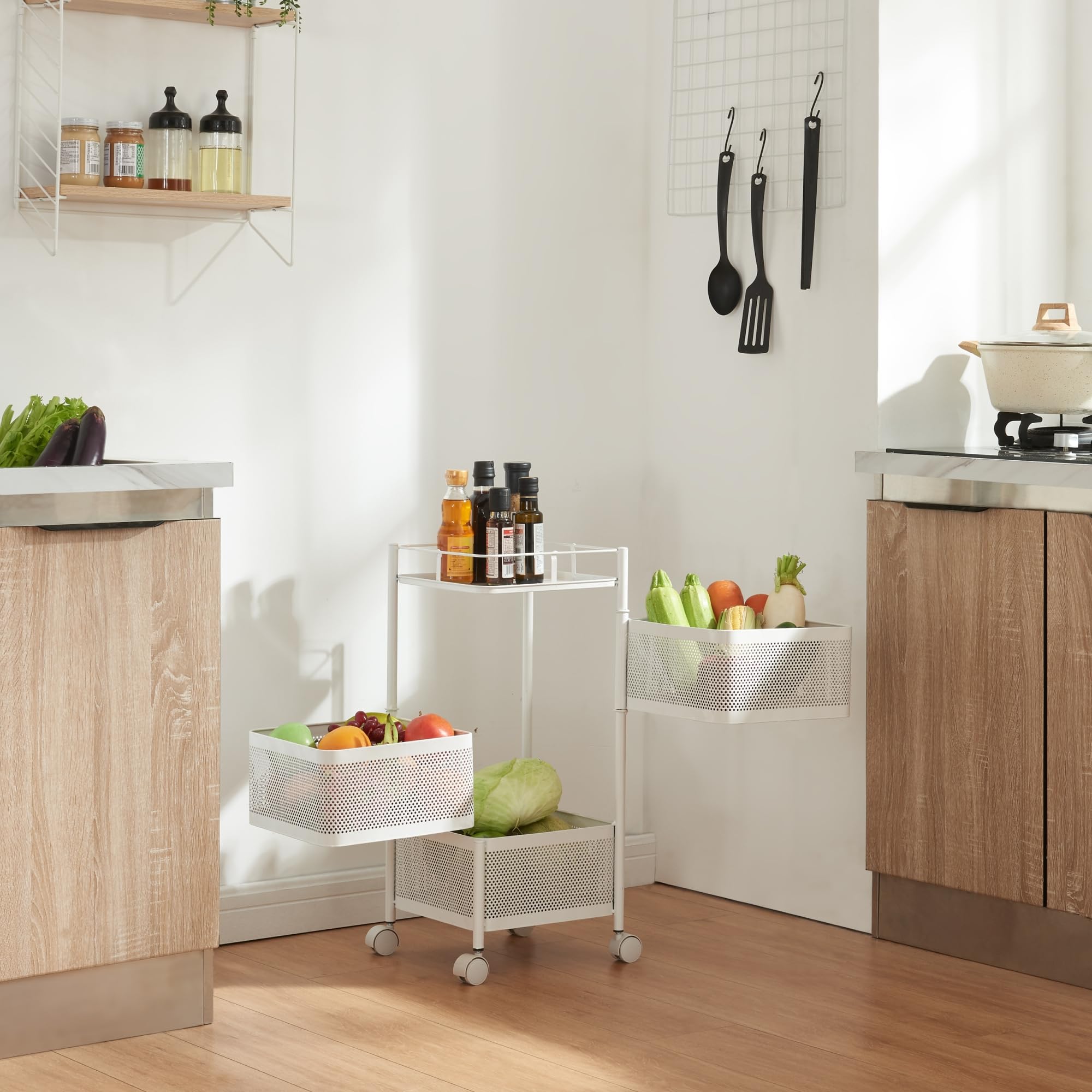[en.casa] Rollwagen Sunndal mit 3 Ebenen mehrlagiges Küchenregal mit Rädern Servierwagen aus Stahl ausklappbare Körbe Regal für Küche, Bad 64,5x27x27cm Weiß