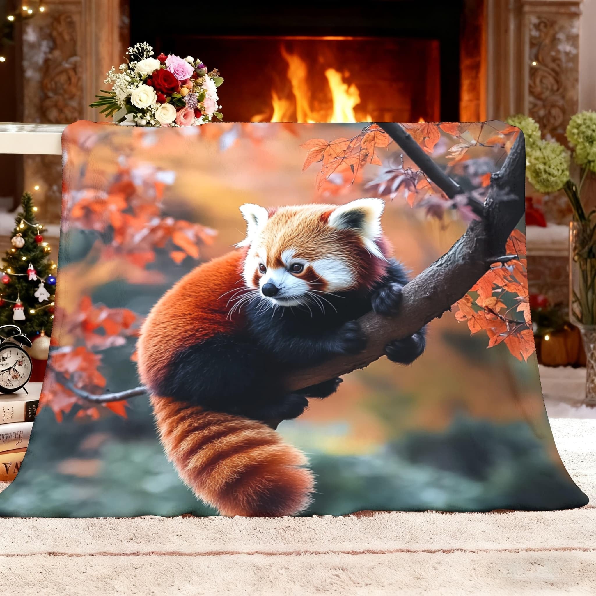 Koc polarowy XXL, 180 x 200 cm, zwierzęta, czerwona panda, liście klonu, sherpa, flanela, koc ciepły, miękki, pomarańczowy, na sofę, do odpoczynku, samochodu, biura, domu