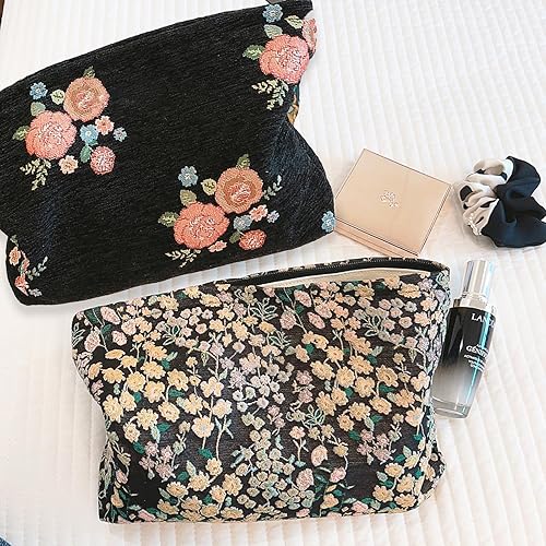 Miniatura 8 de Bolsa de maquillaje estética, bolsa de viaje con cremallera, forro de lona, organizador de bolso, 001 Bordado-Teabreak Little Flowers, Bordado Floral