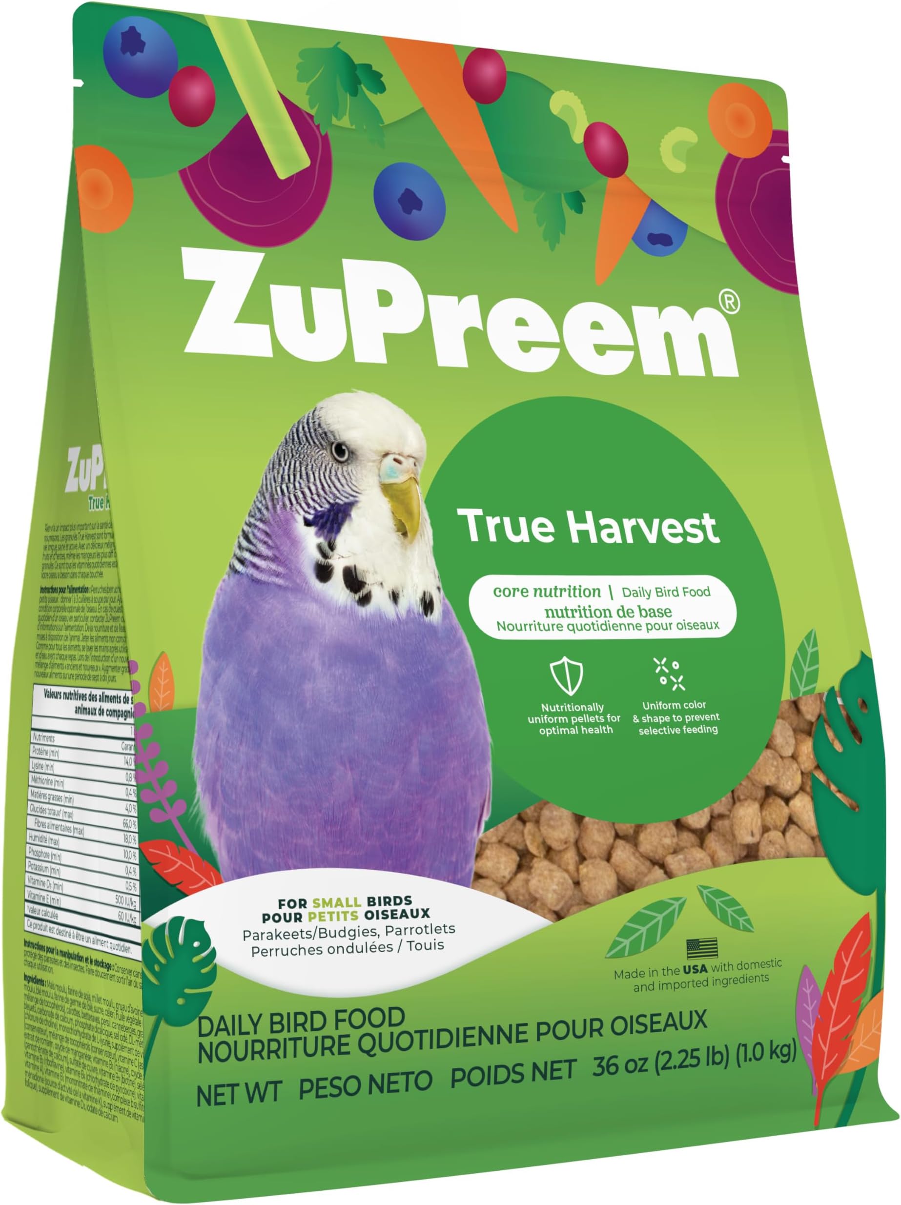 Natural Bird Food, Bird Feed Pellets for Parakeets, Budgies, Parrotlets, & Doves, ZuPreem Core Nutrition, Made in USA, Added Vitamins, Parakeet Food, Budgie Feed, (Small, 2.25 lb Bag)