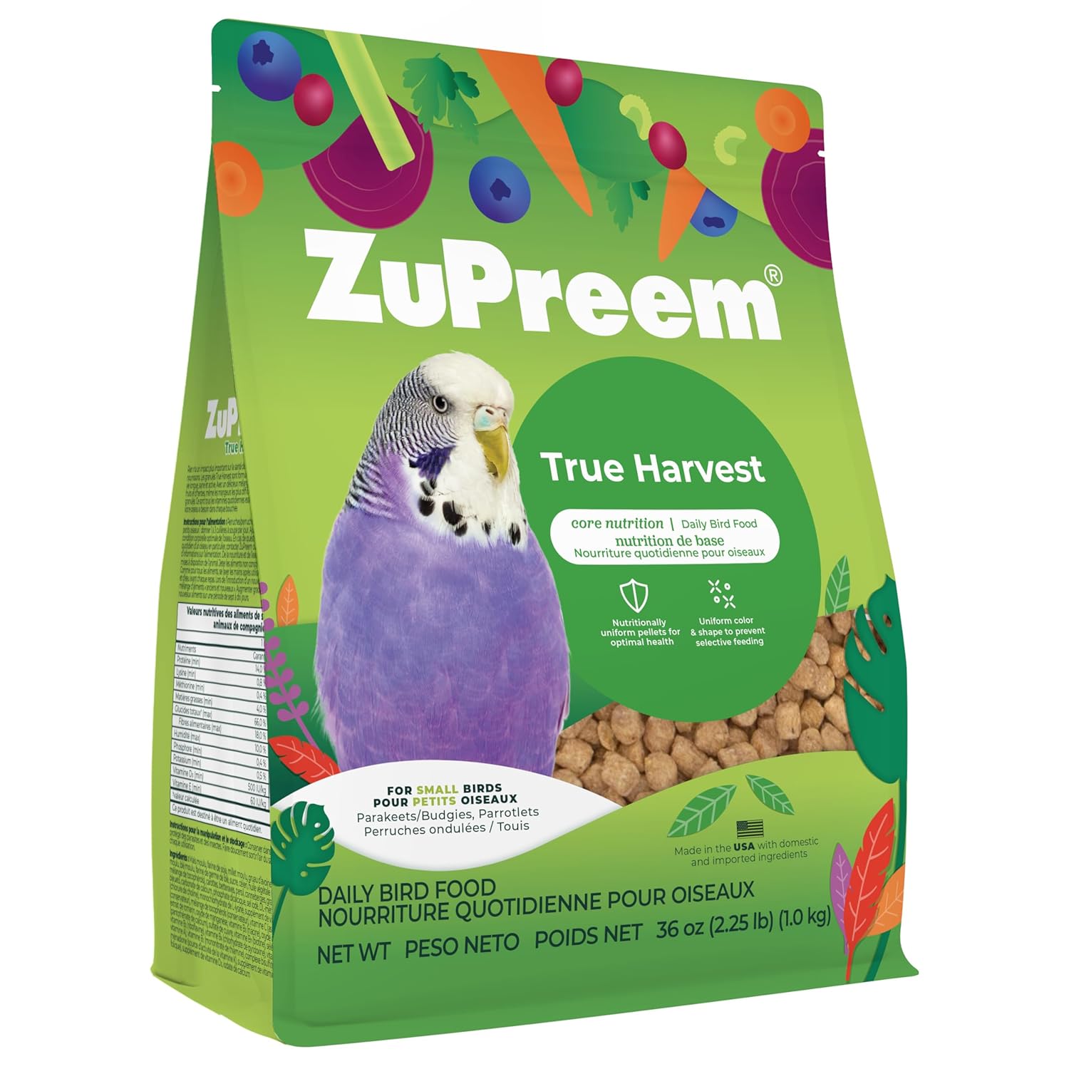 ZuPreem True Harvest Bird Food, Bird Feed Pellets for Parakeets, Budgies, Parrotlets, & Doves, Added Vitamins, Parakeet Food, Budgie Feed, Made in the USA (Small, 2.25 lb Bag)