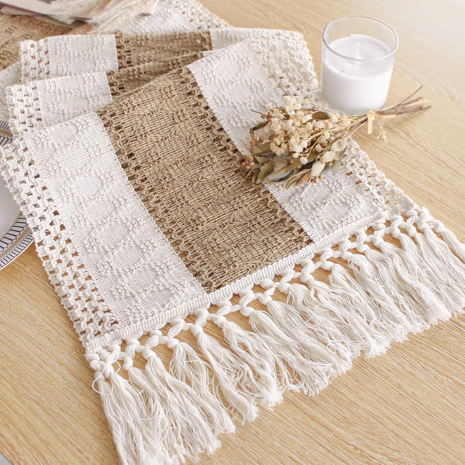 Macrame Table Runner Farmhouse Style Natural Burlap Boho Table Runner Modern Farmhouse Decor Rustic Woven Cotton Crochet Lace for Bohemian, Rustic,Bridal, Shower Wedding, Dinner 72 x 12 Inch-image-45