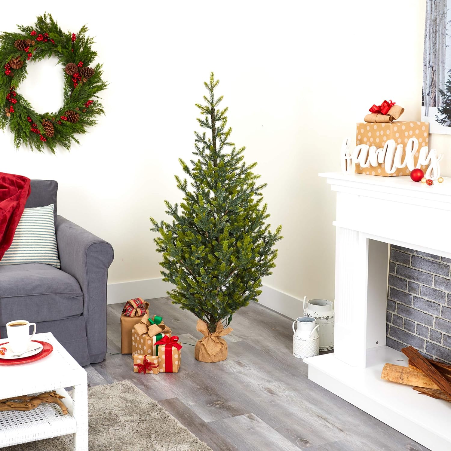 Nearly Natural 5ft. Fraser Fir Natural Look Artificial Christmas Tree with 200 Clear LED Lights, a Burlap Base and 853 Bendable Branches