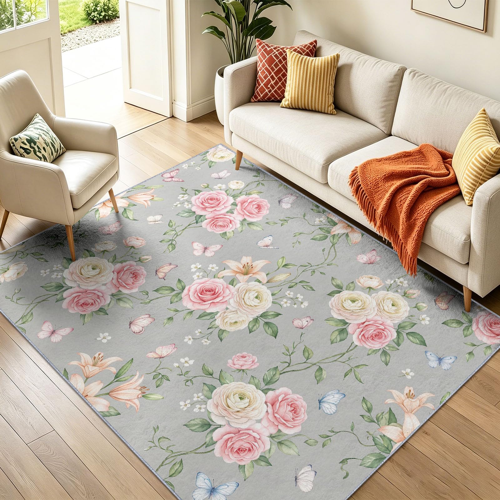 Natur Kurzflor Teppich | 80 x 150 cm Floral Schmetterlinge Blätter Maschinenwäsche Pflegeleicht strapazierfähig， für Kinderzimmer, Schlafzimmer Wohnzimmer