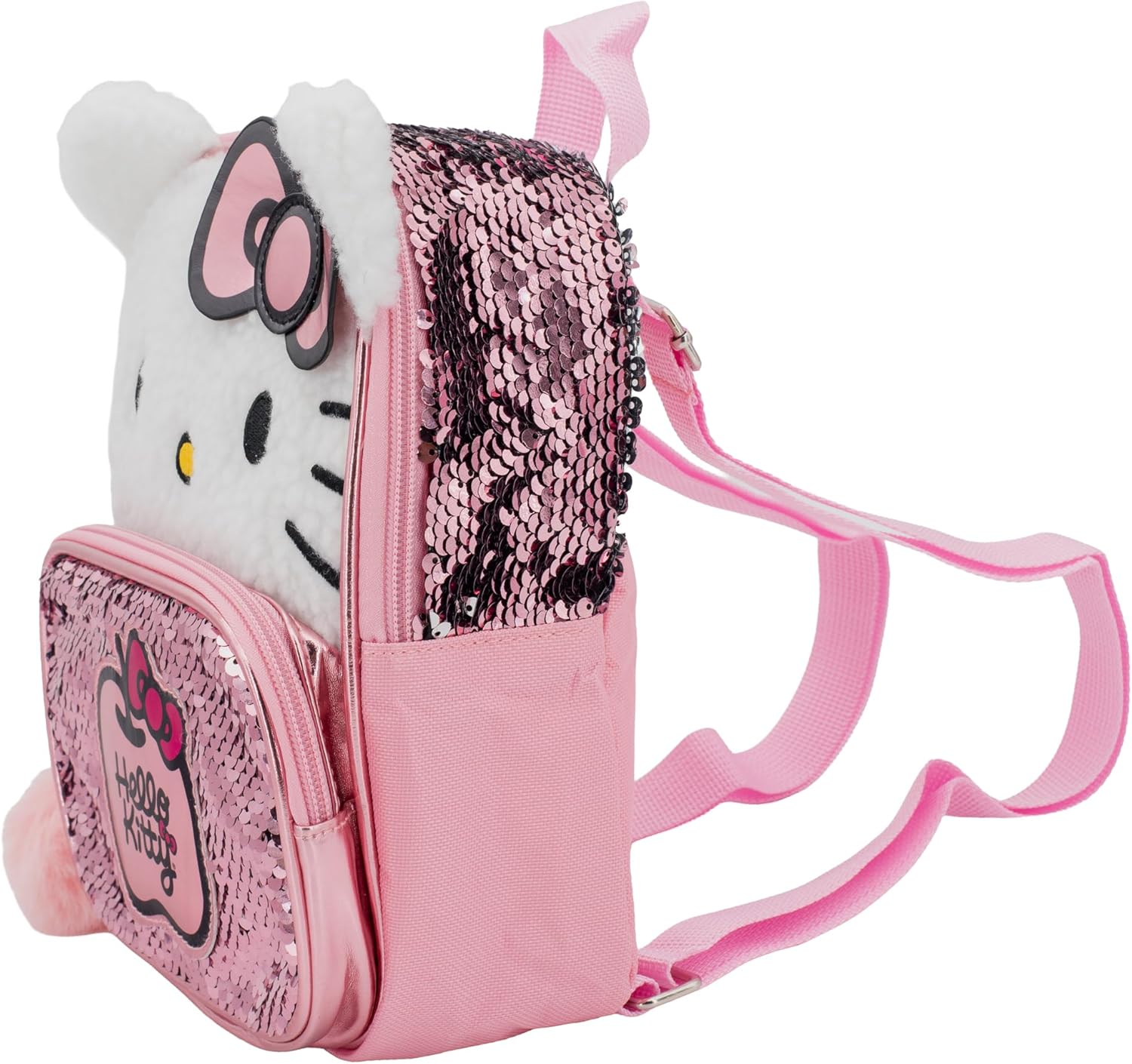 AI ACCESSORY INNOVATIONS Hello Kitty 9” Micro Mini Backpack Purse Featuring 3D Ears & Bow, Sherpa & Sequin Material, & Pompom Dangle, Pink - Image 2