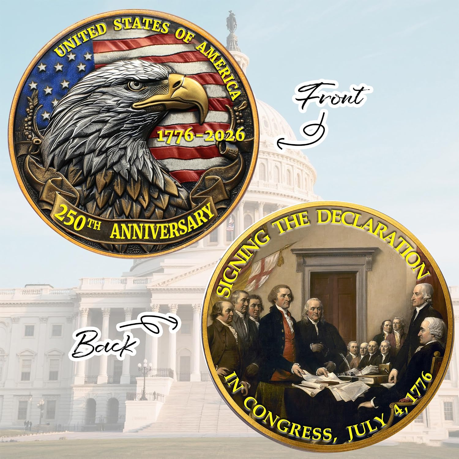 USA 250th Anniversary Commemorative Coin - American Eagle & Patriotic Symbols Collectible - America 250 Merchandise for Celebration & Gifting (1776-2026) (250 Eagle-Freedom) image 5