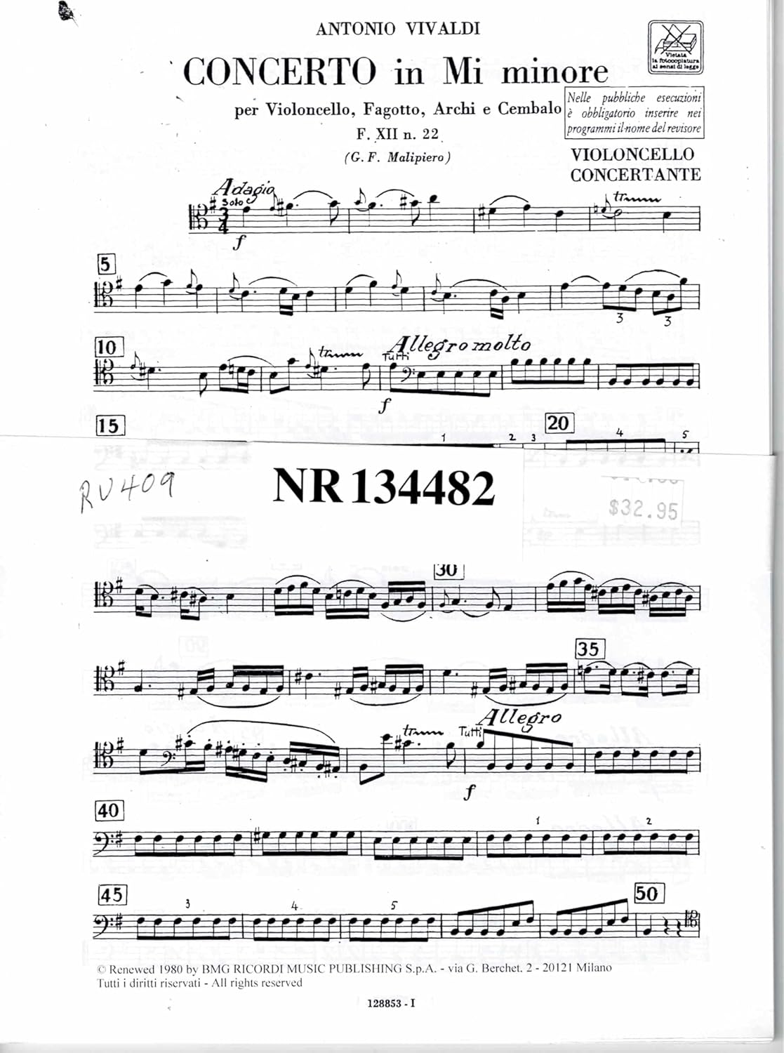 Concerto in E Minor for Violoncello Bassoon Strings and Basso Continuo RV409 Parts      Sheet music – January 1, 1980