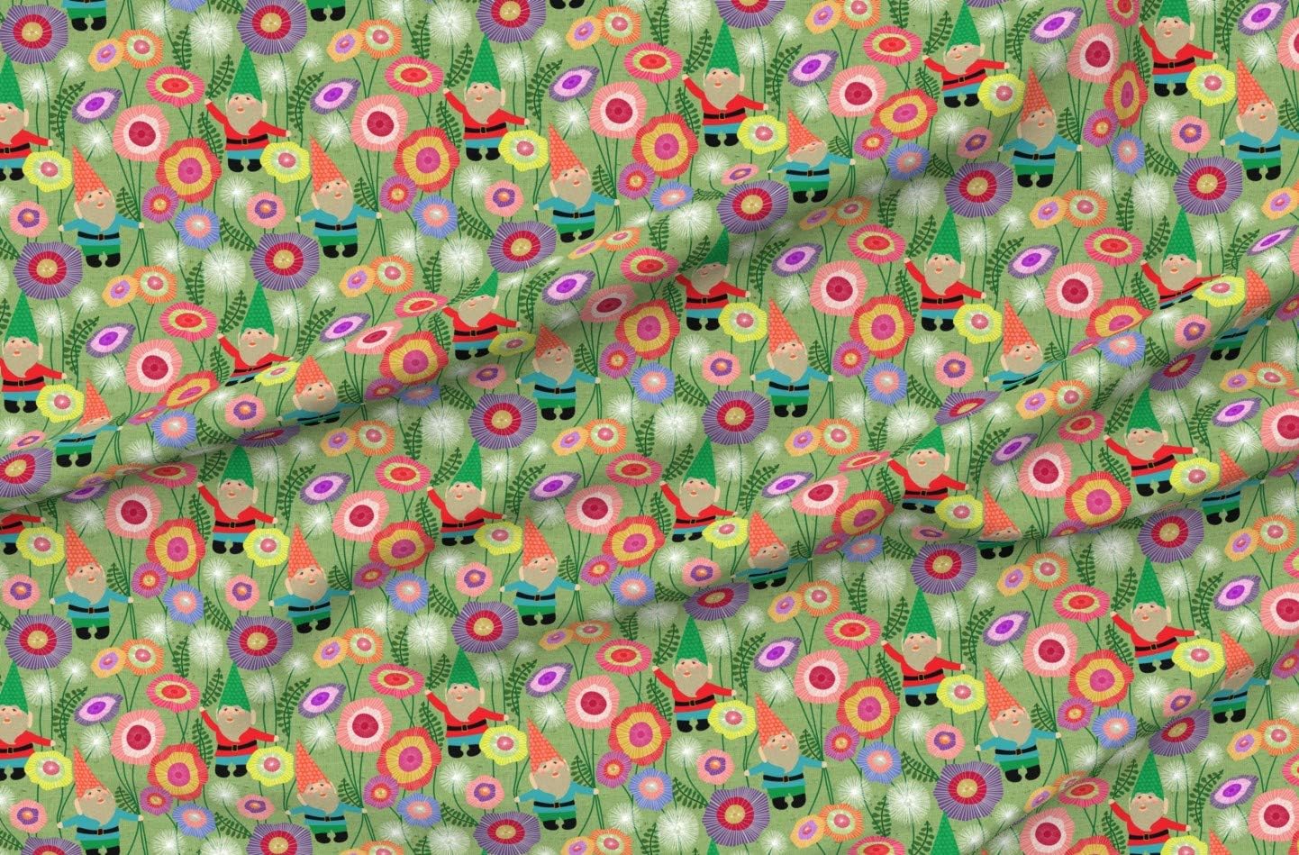 Spoonflower Fabric - Gnomes Flowers Meadow Printed on Organic Cotton Sateen Fabric by The Yard - Sewing Quilting Apparel Home Decor