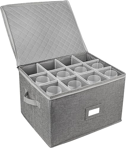 LotFancy Contenedor de almacenamiento para copas, carcasa dura, caja de almacenamiento apilable para copas de vino con divisores y asas,