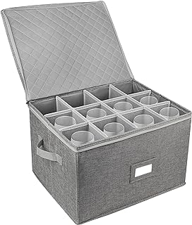 LotFancy Stemware Storage Container, Hard Shell, Stackable Wine Glass Storage Box with Dividers & Handles, Crystal Glassware, Champagne Flute, Drinkware Case for Moving, Grey