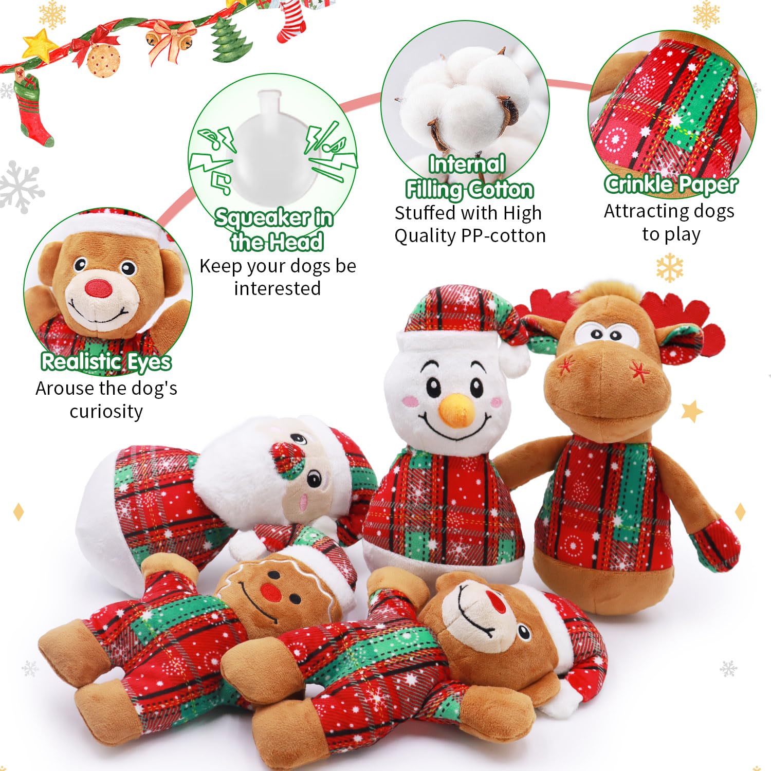 Juguetes navideños para perros – Paquete de 5 juguetes chirriantes para cachorros para perros pequeños y medianos, Papá Noel, reno y muñeco de nieve, regalo ideal para mantener a los perros