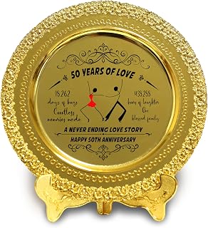 TOBOHU 50 Years of Love Decorative Golden Metal Plate with Holder -8", Gifts for Parents 50th Wedding Anniversary, Golden Anniversary
