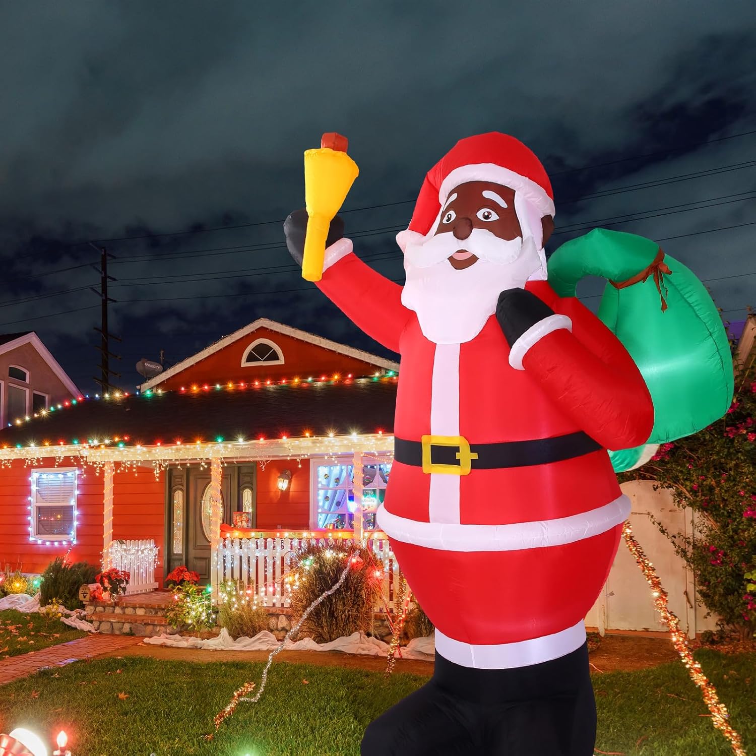 Jenaai 8 ft Christmas Inflatable Santa Outdoor Decoration Giant Black Santa Claus Gift Bags with Build in LED Light Blow up Christmas Yard Decor for Xmas Party Outside Garden Holiday Decoration