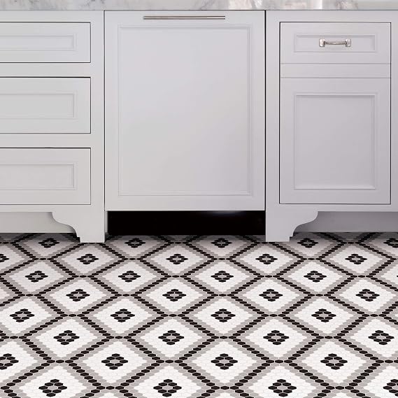 FloorPops Leyton Peel and Stick Floor Tiles, Black, Geometric Vinyl Floor Tiles, Water Resistant, 12 in x 12 in, Pack of 10