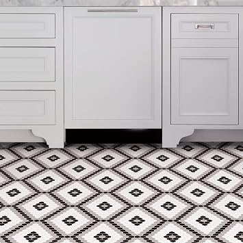 FloorPops Leyton Peel and Stick Floor Tiles, Black, Geometric Vinyl Floor Tiles, Water Resistant, 12 in x 12 in, Pack of 10