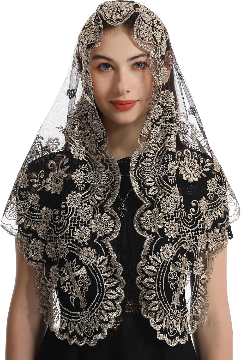 Bozidol Church Triangular Head covering - Cross Chalice Embroidered Vintage Church Veil for Women