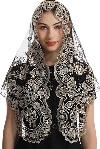 Miniatura 2 de Bozidol Cubierta triangular para la cabeza de la iglesia, velo de iglesia vintage bordado con cáliz cruzado para mujer