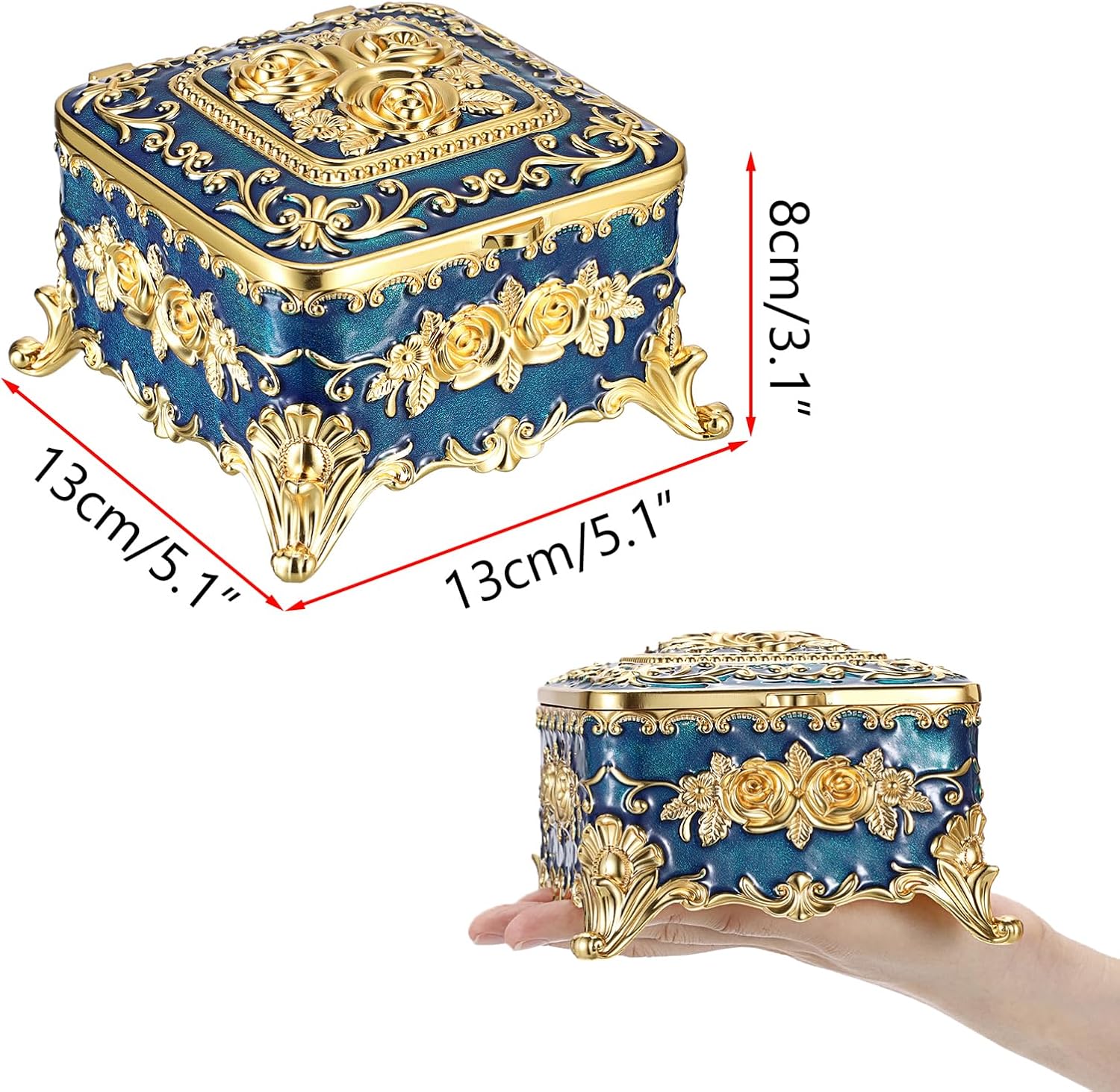 Hipiwe Metal Jewelry Box Decorative Trinket Chest Rectangular Treasure Display Case Keepsake Organizer for Earrings Ring Holder, Blue, 5.1" L x 5.1" W x 3.1" H