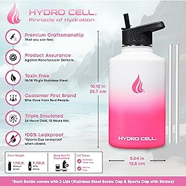 HYDRO CELL Stainless Steel Insulated Water Bottle with Straw - For Cold & Hot Drinks - Metal Vacuum Flask with Screw Cap and Modern Leakproof Sport Thermos for Adults (White/Pink 64oz)
