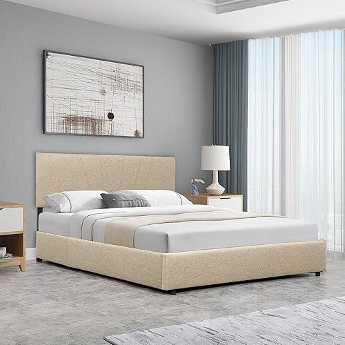 Miniatura 4 de Prohon Base de cama de tamaño matrimonial con sistema de almacenamiento hidráulico y cabecera de lino, cama de plataforma tapizada, liberación