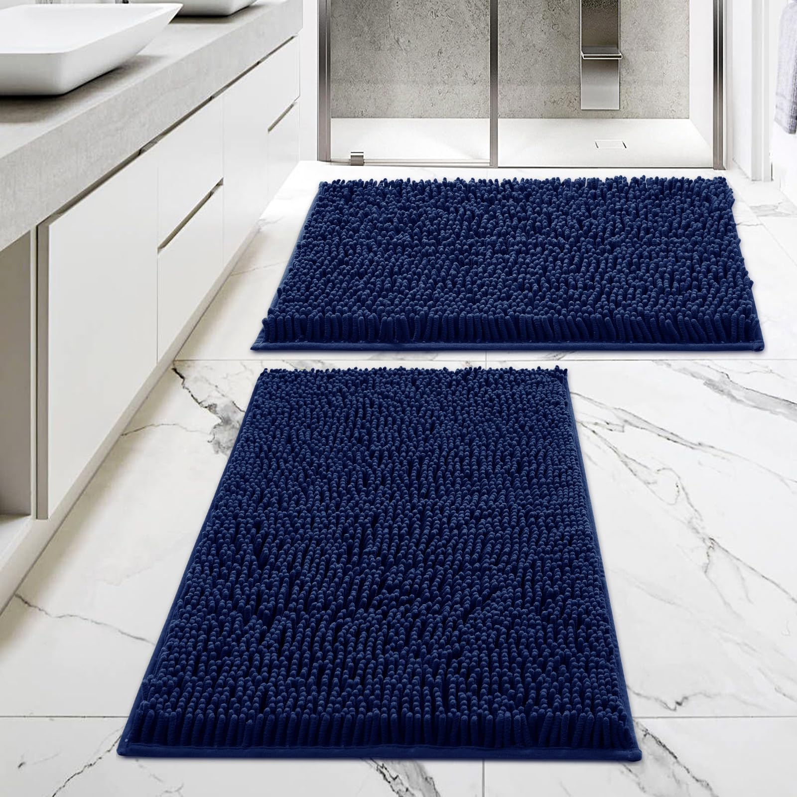 MitoVilla Lot de 2 tapis de salle de bain en chenille extra doux et absorbant - Tapis de sol antidérapant et épais à poils longs - 50,8 x 81,3 cm - Bleu marine