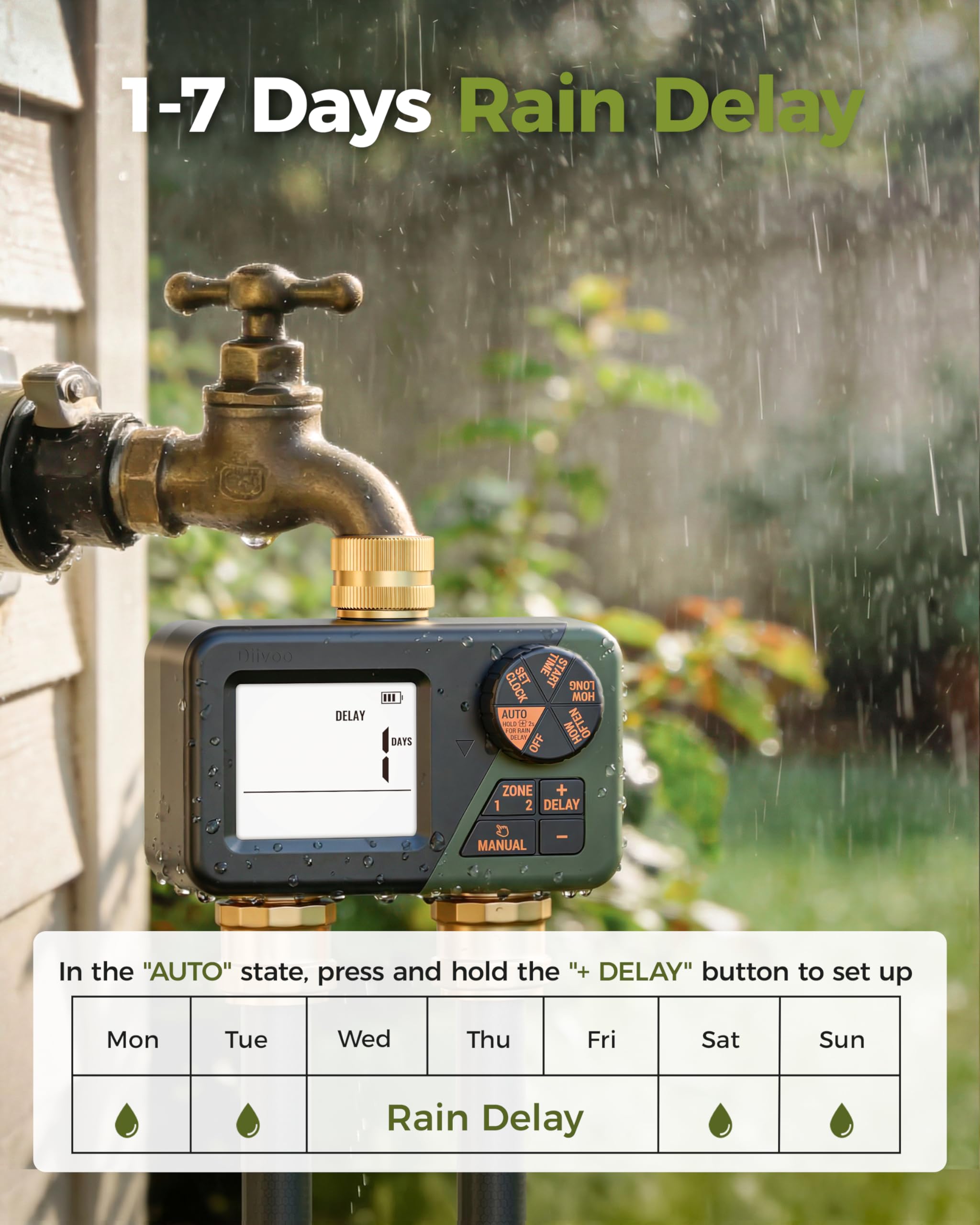 Diivoo Brass Sprinkler Timer 2 Zone, IP66 Waterproof Programmable Water Hose Timer 2 Outlet with Large Display, Rain Delay & Manual Watering for Outdoor Automatic Irrigation of Garden, Lawn, Yard - 5