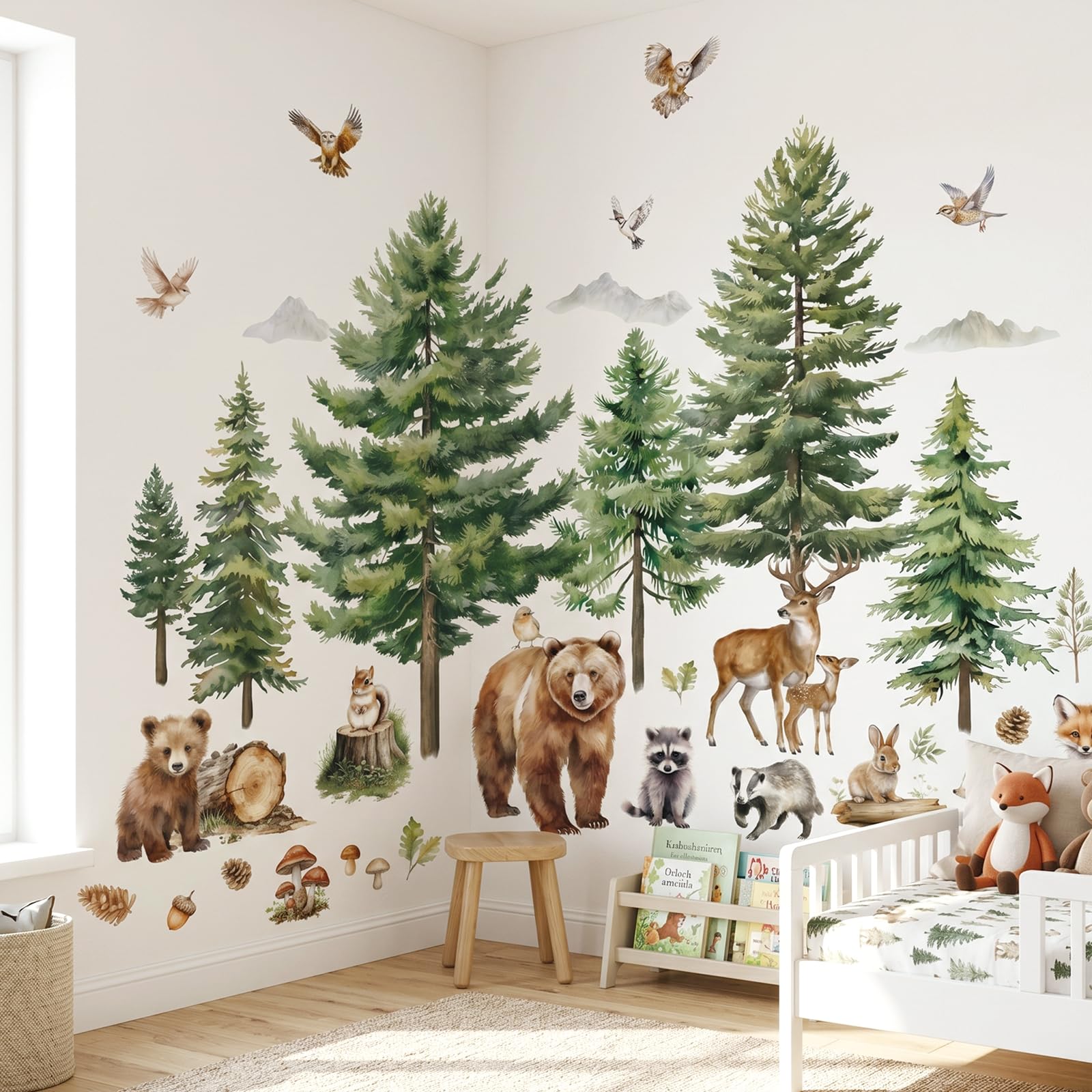 DECOWALL Sticker mural forêt – Aquarelle ours, cerf & renard avec arbres, autocollants muraux détachables pour chambre d'enfant, chambre de bébé, salle de jeux (SG4-2520)
