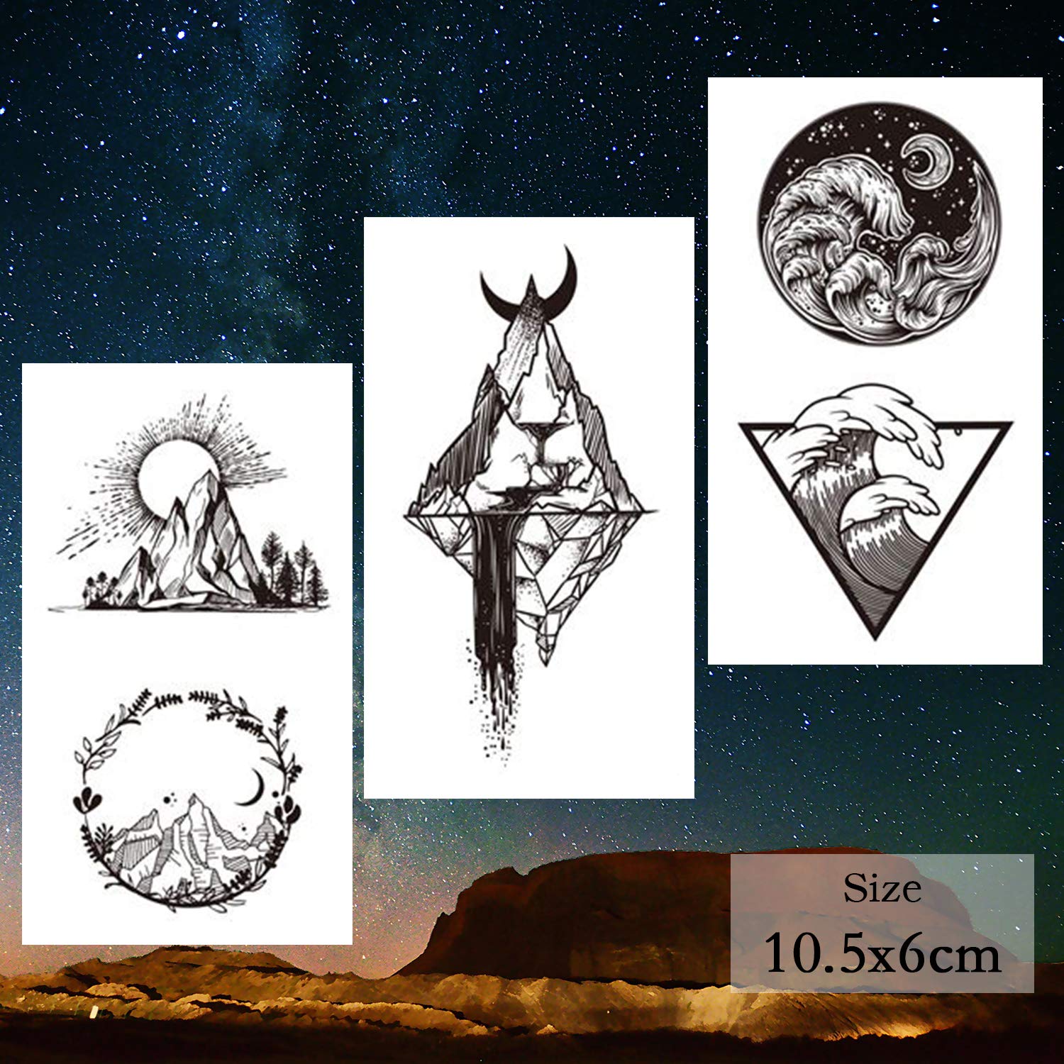 22 Sheets Mountain Temporary Tattoos Stickers, Including Fake Tattoos Waterproof Fake Black Geometry Sun Star Moon Tree Triangle Sea Wave Tattoos, Semi Permanent Tattoos for Adult and Kids : Beauty & Personal Care