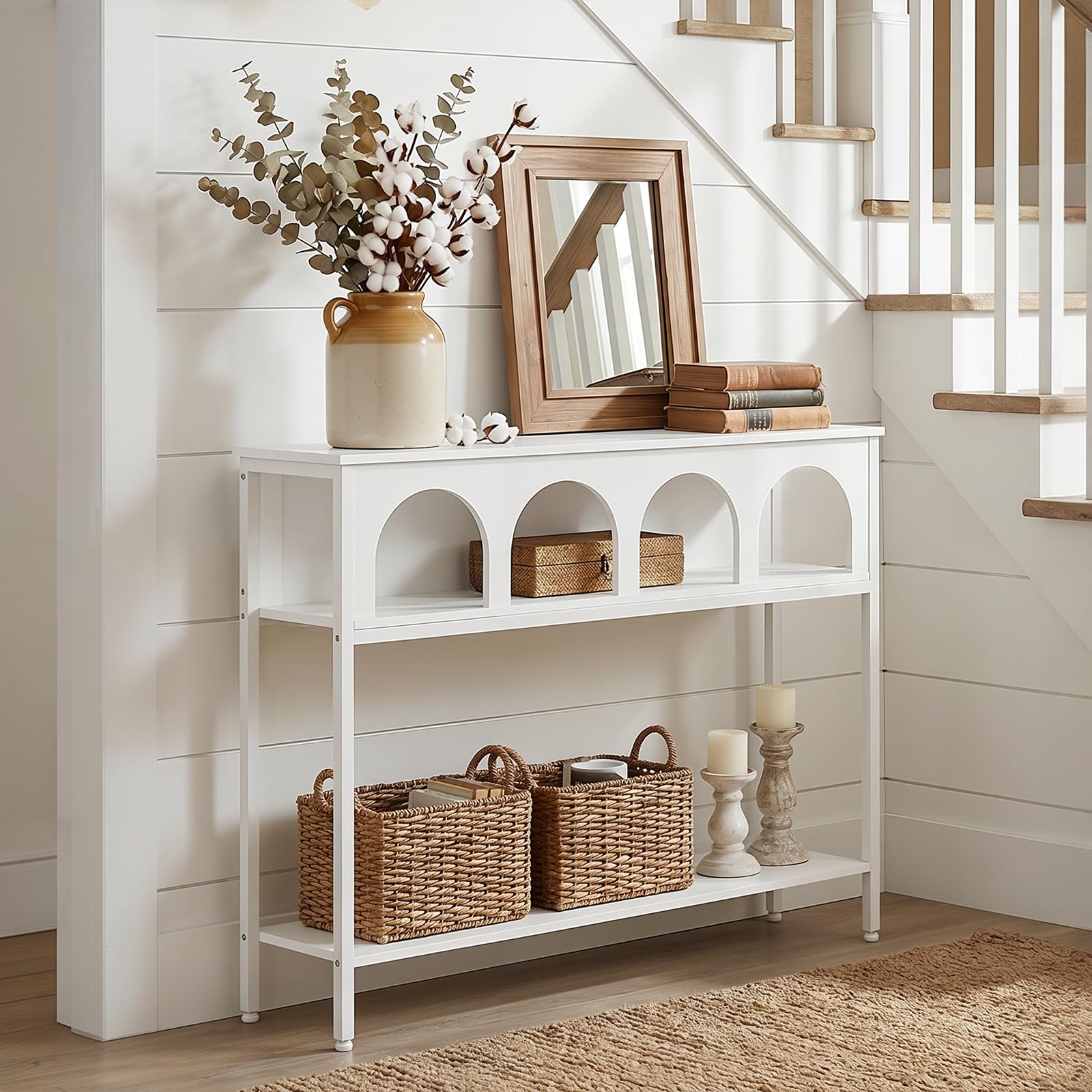 HOOBRO Schmaler Konsolentisch mit Bogendesign, Eingangstisch mit 3 Ablagen, Konsolentisch im Landhausstil, Beistelltisch, Sofatisch, Metallgestell, Flurtisch für Wohnzimmer, Flur, Weiß EWW106XG01