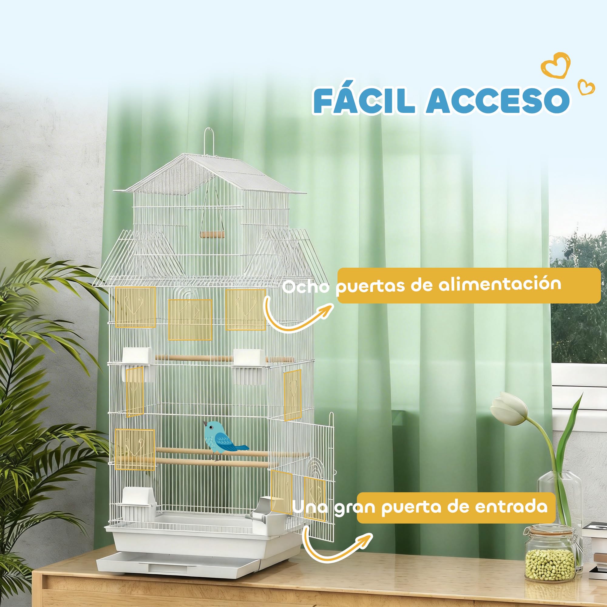 PawHut Jaula para Pájaros de Acero Pajarera con Comederos Perchas Columpio y Bandeja Extraíble Jaula Grande para Loros Canario Periquito 50,5x41x104 cm Blanco