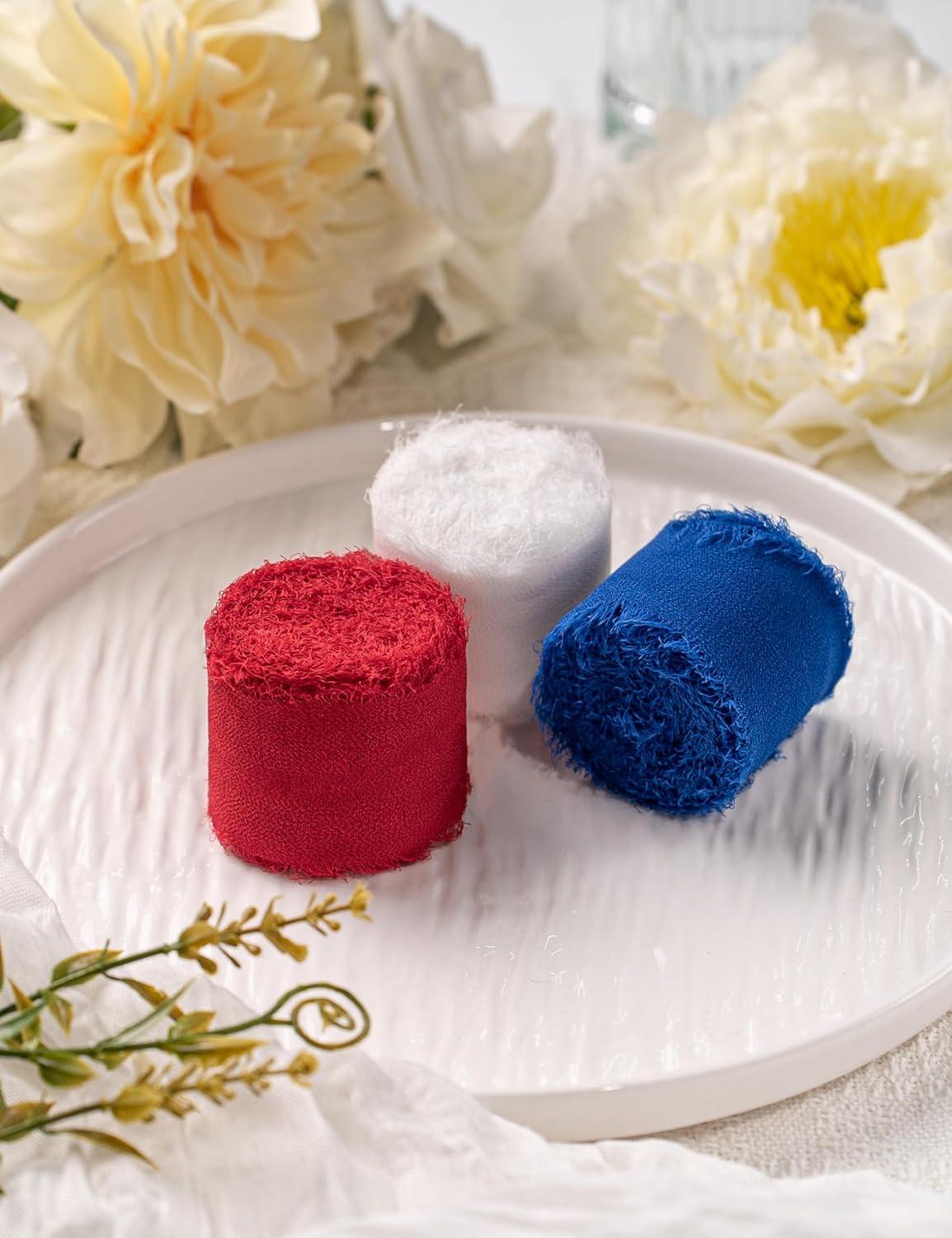 Chiffon Ribbon, Red White and Blue Patriotic Ribbons, 1.5''x21Yd Handmade Frayed Fringe Silk Ribbon for 4th of July Independence Day, Gift Wrapping, Floral Vase, Crafts, Party Decor, 3 Rolls