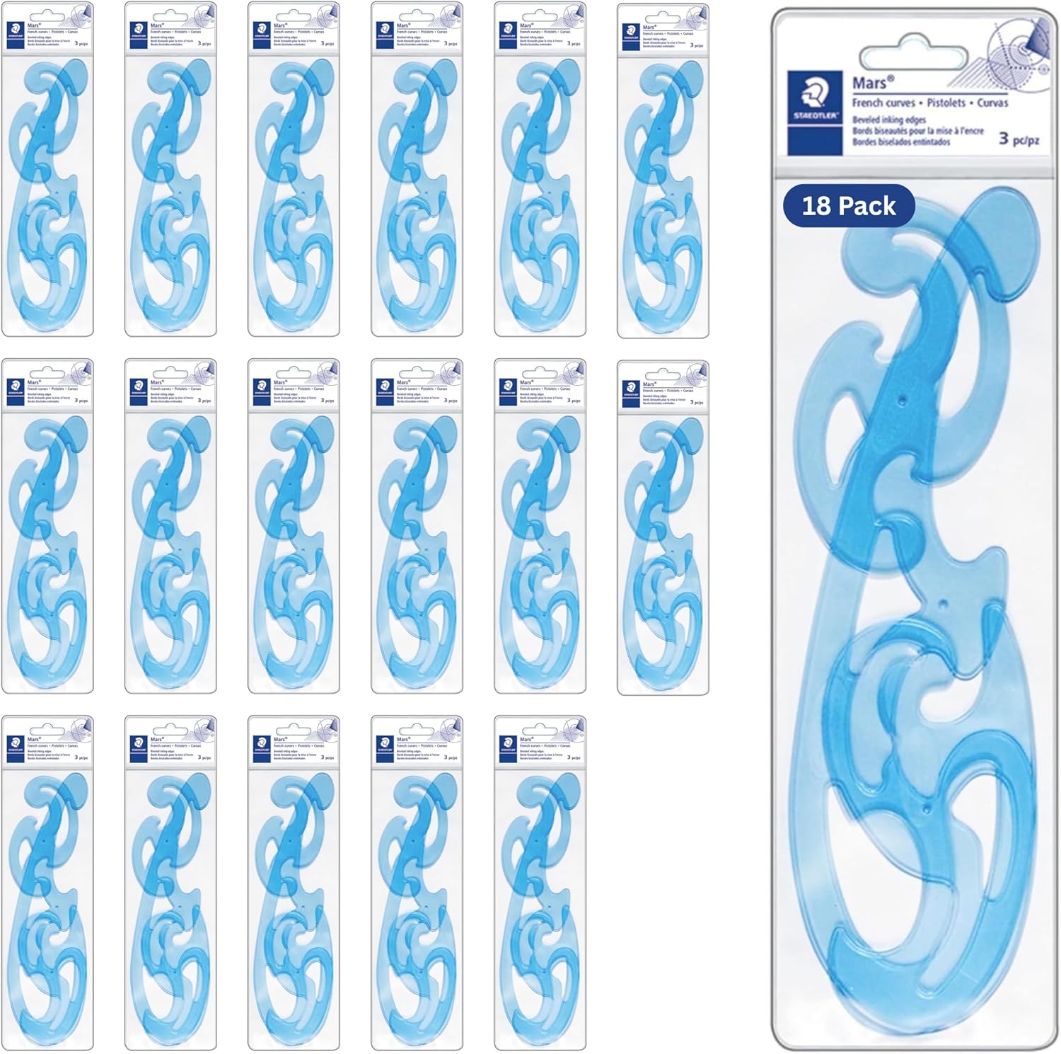 STAEDTLER Mars Professional French Curve Design Ruler Set for Pattern Making 18-Pack (18 Sets of 3 pcs), 3 Essential A B C Shapes, Blue Transparent Plastic with Inking Edge, 54 Count