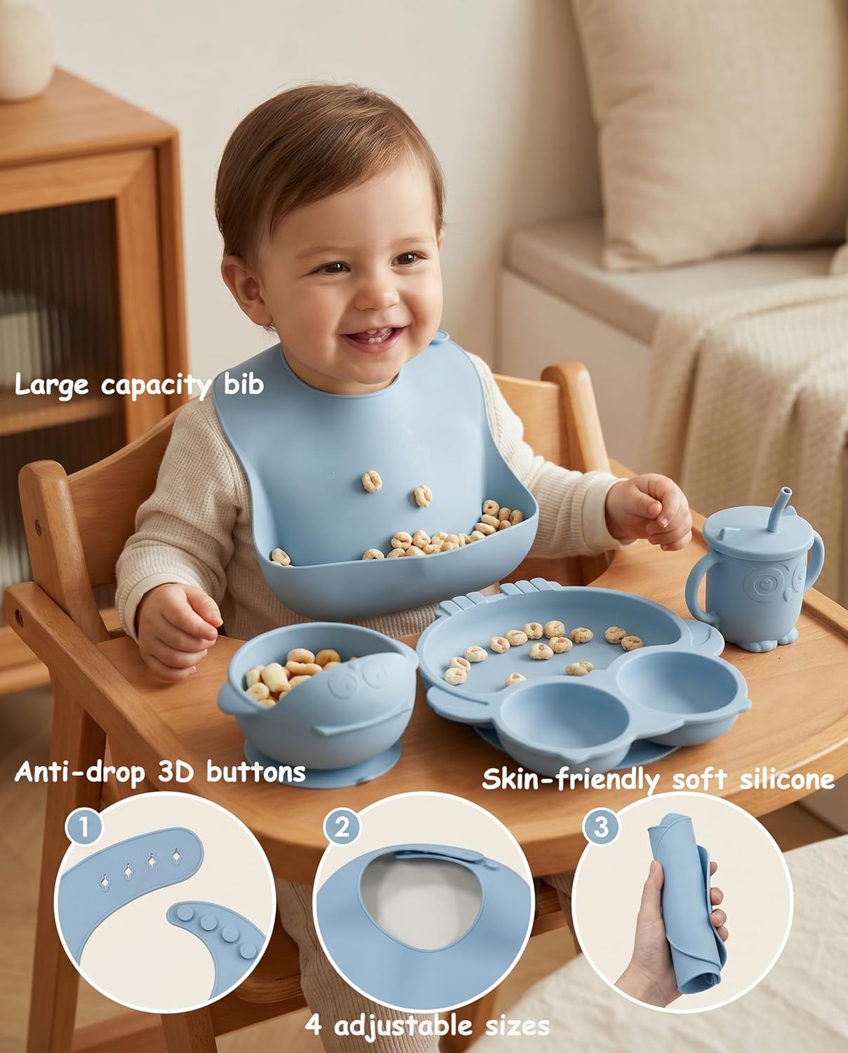Silicone Baby Feeding Set with Spoon, Bowls, Plates with Suction, Bib, and Toddler Cups with Replaceable Lids, Blue