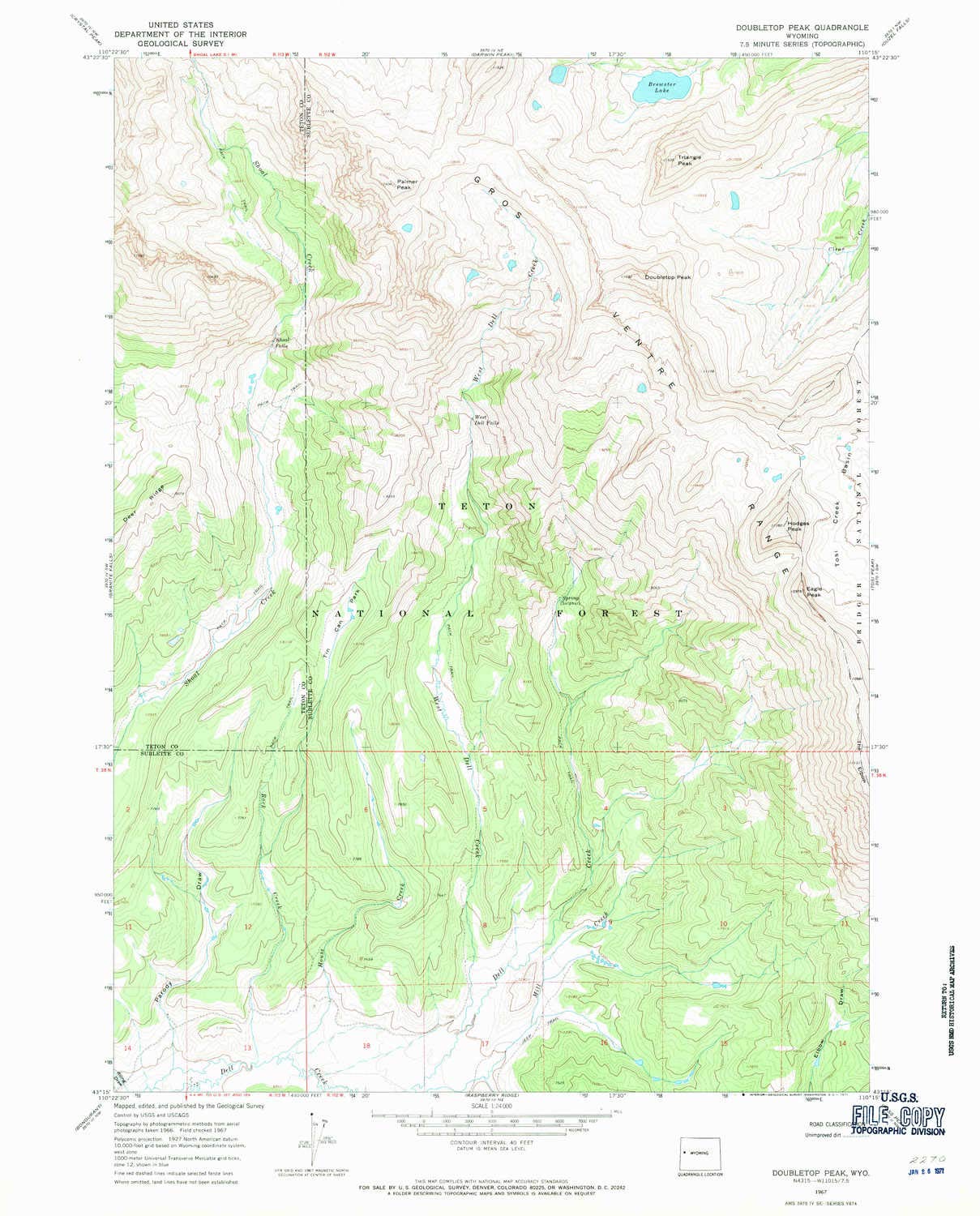 YellowMaps Doubletop Peak WY topo map, 1:24000 Scale, 7.5 X 7.5 Minute, Historical, 1967, Updated 1971, 26.8 x 21.6 in