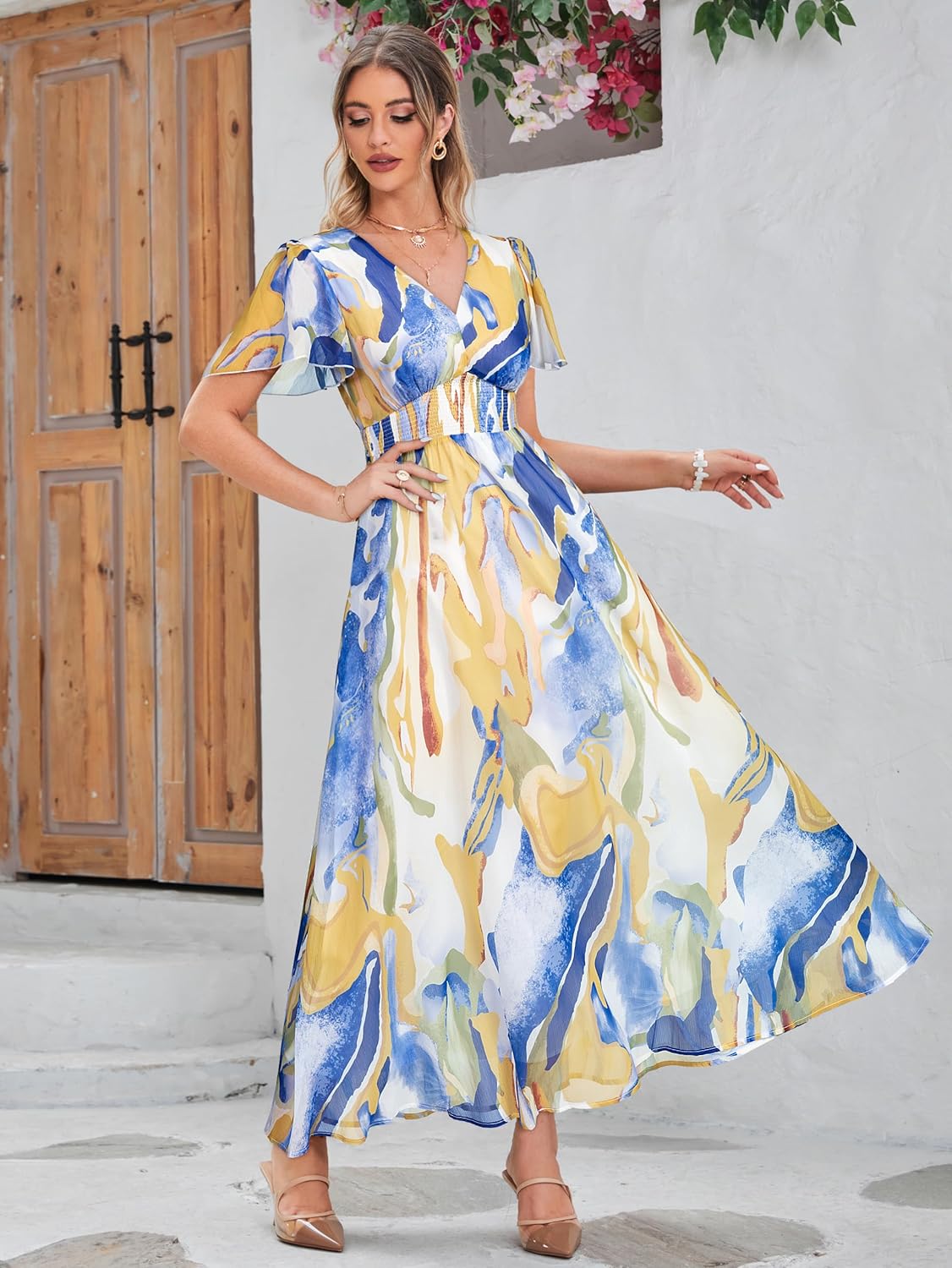 Simplee Women's Boho Floral Maxi Dress Flowy Casual V Neck Short Sleeve Wedding Guest Holiday Beach Long Dress - Image 3